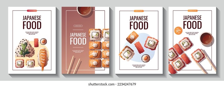 Set of flyers with onigiri and variety of Sushi. Japanese food, healthy eating, cooking, menu, nutrition concept. Vector illustration. Banner, promo, flyer, advertising. 