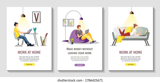 Set of flyers with people working or learning at home. Freelance, work at home, online job, home office, e-learning concept. A4 vector illustrations for poster, banner, cover, flyer.