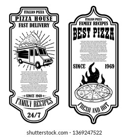 Set of flyers of pizzeria. Design elements for logo, label, sign, badge, poster.