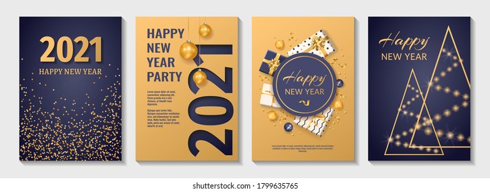 Set of Flyers, poster, banner, brochure design templates for Happy new year 2021. Blue and gold colors. Christmas balls, abstract christmas tree, snowflakes, gift boxes. Perfect for invitation, card.