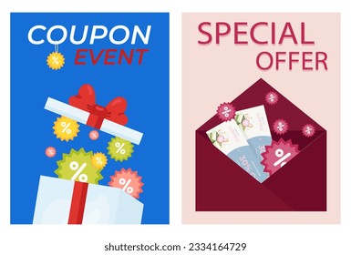 Set of flyers, poster, poster, sticker, postcard with burgundy envelope with coupon, gift box with coupons, envelope with coupons. Coupon, discount, promotions. Voucher. Event coupon. Ready example, t