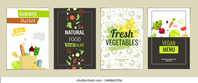 Set of flyers, posters, banners, cafe or restaurant menu design templates. Natural food, Vegan menu, Fresh vegetables, Grocery market concept.