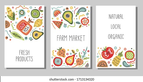 Set of flyers, posters, banners, cafe or restaurant menu design templates. Fresh producst, farm market, natural, local, organic vegetables. Grocery market concept. 