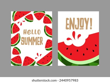 Set of flyers, posters, banners, posters, cards, brochures design.  Watermelon pieces. Texture of watermelons with seeds. Summer Vector illustration.