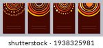 Set of flyers, posters, banners, placards, brochure design templates A6 size with stylized sun, tribal ornaments of red, yellow, brown, beige colors. Card templates. Australian, Aboriginal art.