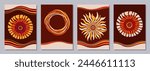 Set of flyers, posters, banners, placards, brochure design templates A6 size with stylized sun, tribal ornaments of orange, yellow, brown, beige colors. Card templates. Australian, Aboriginal art.