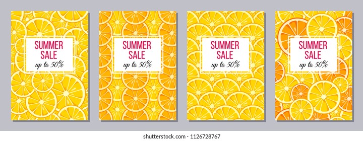 Set of flyers, posters, banners, placards, brochure design templates A6 size. Summer Sale backgrounds with slices of lemon and orange. Fruits bright compositions. Vector illustrations.