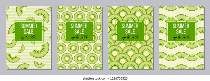 Set of flyers, posters, banners, placards, brochure design templates A6 size. Summer Sale backgrounds with slices of kiwi. Fruits bright compositions. Vector illustrations.