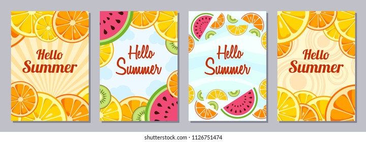 Set of flyers, posters, banners, placards, brochure design templates A6 size. Hello Summer backgrounds with slices of lemon, orange, kiwi, watermelon. Fruits bright compositions. Vector illustrations.
