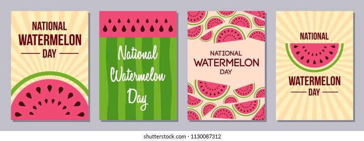 Set of flyers, posters, banners, placards, cards, brochure design templates A6 size. Watermelon Day. Slices of watermelon. Texture of the watermelons with seeds. Event name. Vector illustrations.