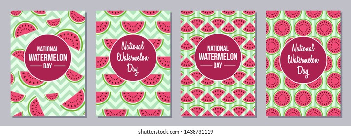 Set of flyers, posters, banners, placards, cards, brochure design templates A6 size. Watermelon Day. Slices of watermelon. Texture of the watermelons with seeds. Event name. Vector illustrations.