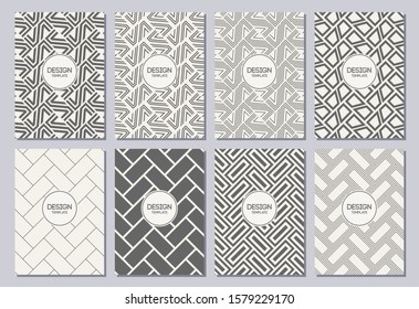 Set of flyers, posters, banners, placards, brochure design templates A6 size. Repeating geometric tiles from striped elements. Graphic design templates. Abstract vector backgrounds.
