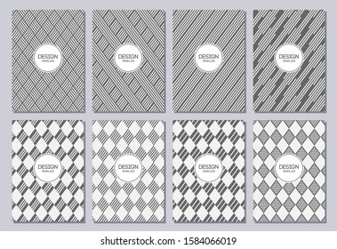 Set of flyers, posters, banners, placards, brochure design templates A6 size. Graphic design templates for labels, badges. Abstract geometric vector backgrounds with rhombuses, diagonal lines.