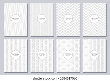 Set of flyers, posters, banners, placards, brochure design templates A6 size with arrows motif. Graphic design templates for labels and badges. Abstract geometric vector white and gray backgrounds.