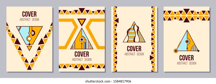 Set of flyers, posters, banners, placards, brochure design templates A6 size. Cover page layouts. Graphic design templates. Abstract geometric backgrounds with triangles. Vector color backgrounds.