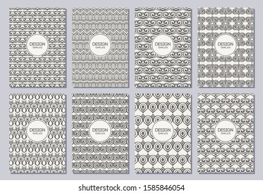 Set of flyers, posters, banners, placards, brochure design templates A6 size. Graphic design templates for logo, labels and badges with antique ornaments. Geometric shapes. Vector backgrounds.