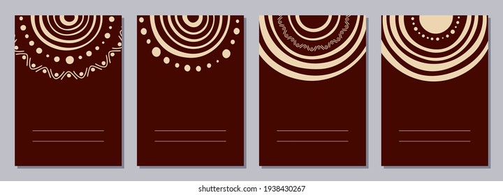 Set of flyers, posters, banners, placards, brochure design templates A6 size with stylized sun, tribal ornaments of brown, beige colors. Card templates. Australian, Aboriginal art.