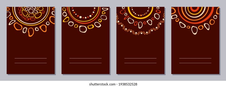 Set of flyers, posters, banners, placards, brochure design templates A6 size with stylized sun, tribal ornaments of red, yellow, brown, beige colors. Card templates. Australian, Aboriginal art.