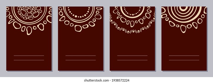 Set of flyers, posters, banners, placards, brochure design templates A6 size with stylized sun, tribal ornaments of brown, beige colors. Card templates. Australian, Aboriginal art.