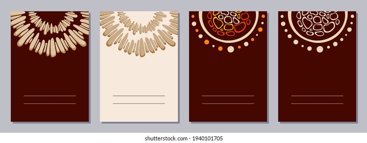 Set of flyers, posters, banners, placards, brochure design templates A6 size with stylized sun, stylized stones, tribal ornaments of red, yellow, brown, beige colors. Card templates. Aboriginal art.