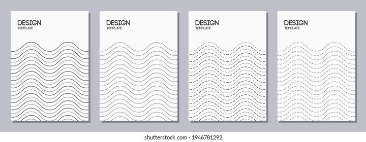 Conjunto de folletos, carteles, pancartas, plantillas de diseño de folletos de tamaño A6. Plantillas de diseño gráfico con líneas onduladas con puntos, bandas onduladas suaves. Fondo geométrico vectorial.