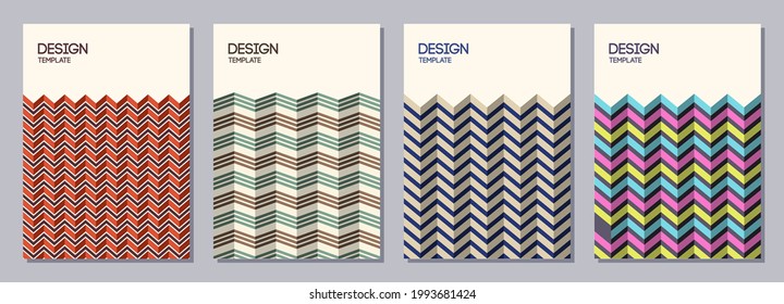 Set of flyers, posters, banners, placards, brochure design templates A6 size. Graphic design templates with zigzag color stripes, structure of herringbone. Vector geometric color backgrounds.