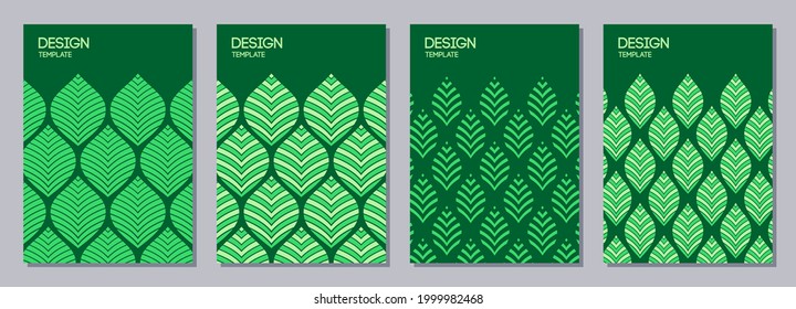 Conjunto de folletos, carteles, pancartas, plantillas de diseño de folletos de tamaño A6. Plantillas de diseño gráfico con hojas verdes, adornos florales. Fondo de color del vector.