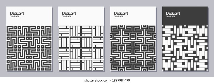 Conjunto de folletos, carteles, pancartas, plantillas de diseño de folletos de tamaño A6 con ornamentos coreanos. Plantillas de diseño gráfico para tarjetas de felicitación y invitación. Vectores de fondo blanco y negro.