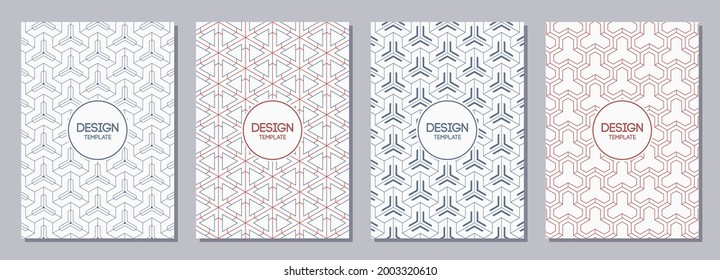 Set of flyers, posters, banners, placards, brochure design templates A6 size with geometric hehagonal ornaments. Graphic design for greeting, invitation cards. Vector color backgrounds.