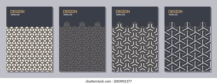 Set of flyers, posters, banners, placards, brochure design templates A6 size with korean, japanese ornaments. Graphic design for greeting, invitation cards. Vector golden color backgrounds.