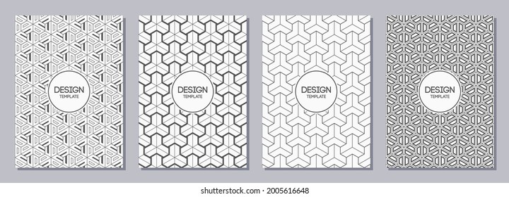 Conjunto de folletos, carteles, pancartas, plantillas de diseño de folletos de tamaño A6 con ornamentos coreanos y japoneses. Diseño gráfico para saludos, tarjetas de invitación. Vectores de fondo blanco y negro.