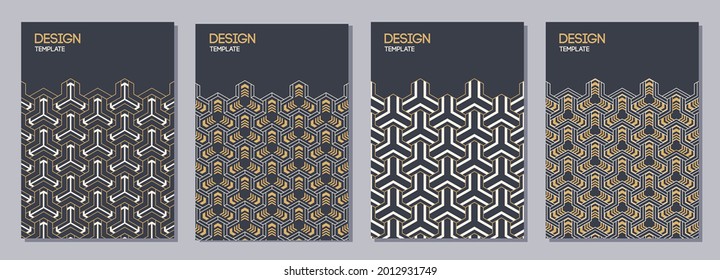 Set of flyers, posters, banners, placards, brochure design templates A6 size with korean, japanese ornaments. Graphic design for greeting, invitation cards. Vector golden color backgrounds.