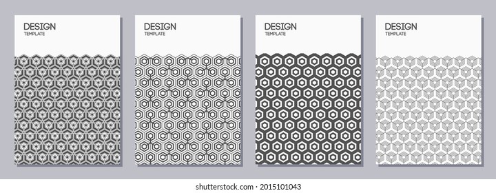 Set of flyers, posters, banners, placards, brochure design templates A6 size with hexagons ornaments. Graphic design for greeting, invitation cards. Vector white and gray backgrounds.