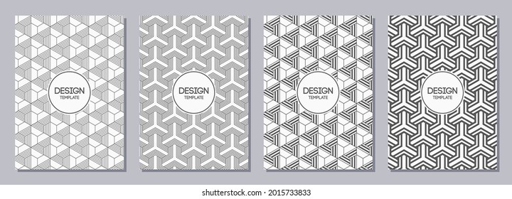 Set of flyers, posters, banners, placards, brochure design templates A6 size with korean, japanese ornaments, triangles. Graphic design for greeting, invitation cards. Vector monochrome backgrounds.