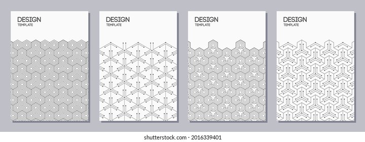 Conjunto de folletos, carteles, pancartas, plantillas de diseño de folletos tamaño A6 con ornamentos hexagonales. Diseño gráfico para saludos, tarjetas de invitación. Vectores de fondo blanco y gris.