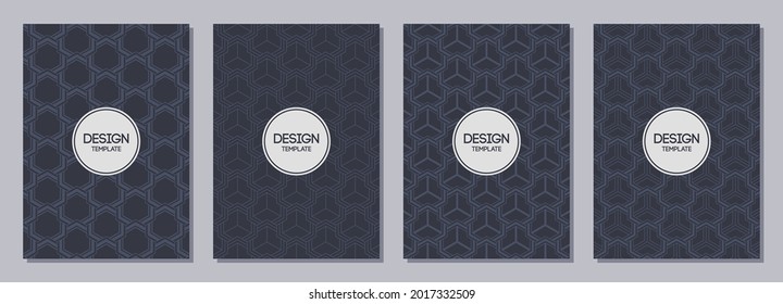 Set of flyers, posters, banners, placards, brochure design templates A6 size with hexagonal ornaments. Graphic design for greeting, invitation cards. Vector dark blue backgrounds.
