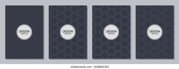 Set of flyers, posters, banners, placards, brochure design templates A6 size with hexagonal ornaments. Graphic design for greeting, invitation cards. Vector dark blue backgrounds.
