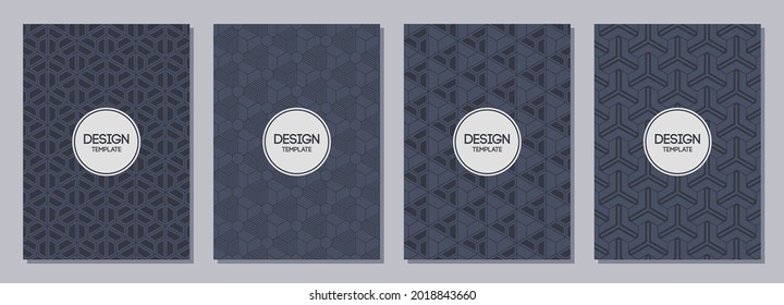 Set of flyers, posters, banners, placards, brochure design templates A6 size with korean, japanese ornaments, triangles. Graphic design for greeting, invitation cards. Vector dark blue backgrounds.