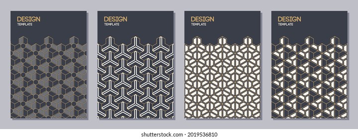 Set of flyers, posters, banners, placards, brochure design templates A6 size with korean, japanese ornaments, triangles. Graphic design for greeting, invitation cards. Vector golden color backgrounds.