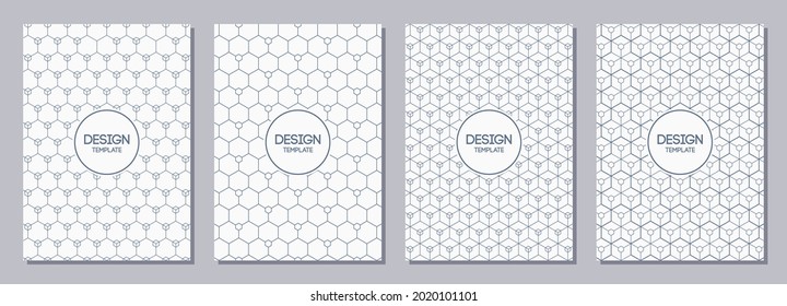 Set of flyers, posters, banners, placards, brochure design templates A6 size with hexagons ornaments. Graphic design for greeting, invitation cards. Vector backgrounds.