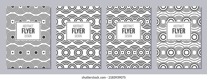 Conjunto de folletos, carteles, pancartas, plantillas de diseño de folletos de tamaño A6 con ornamentos de círculos superpuestos. Diseño gráfico para saludos, tarjetas de invitación. Vectores de fondo blanco y negro.