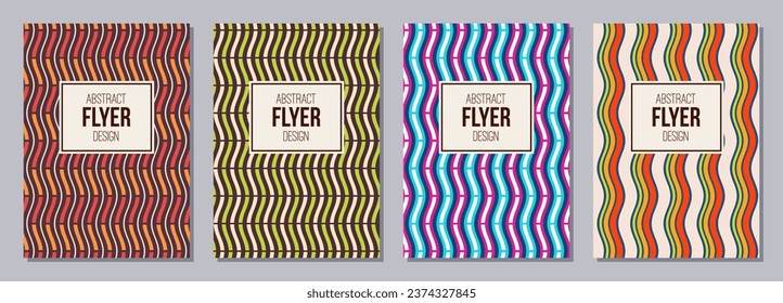 Set of flyers, posters, banners, placards, brochure design templates A6 size. Graphic design templates with wavy color stripes, lines. Vector geometric colorful striped backgrounds.