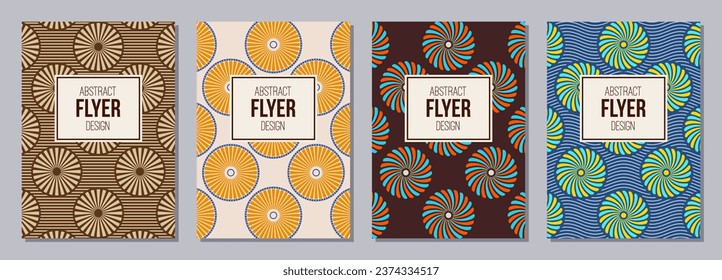 Set of flyers, posters, banners, placards, brochure design templates A6 size. Graphic design templates with circles, round shapes, stripes. Bright, vibrant colors. Vector geometric color backgrounds.