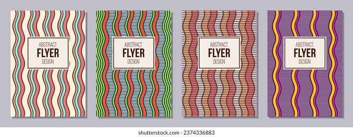 Conjunto de folletos, carteles, pancartas, plantillas de diseño de folletos de tamaño A6. Plantillas de diseño gráfico con franjas de color onduladas, líneas. Fondo de rayas geométricas y coloridas.