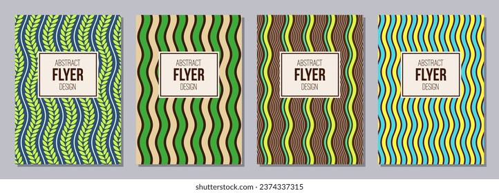 Set of flyers, posters, banners, placards, brochure design templates A6 size. Graphic design templates with wavy color stripes, lines. Vector geometric colorful striped backgrounds.
