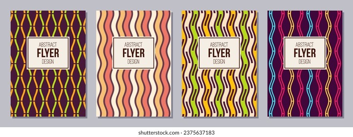 Conjunto de folletos, carteles, pancartas, plantillas de diseño de folletos de tamaño A6. Plantillas de diseño gráfico con franjas de color onduladas, líneas. Fondo de rayas geométricas y coloridas.