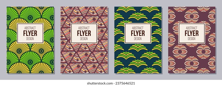 Conjunto de folletos, carteles, pancartas, plantillas de diseño de folletos de tamaño A6. Plantillas de diseño gráfico con patrones ornamentales orientales. Colores vivos y luminosos. Fondo de color geométrico vectorial.