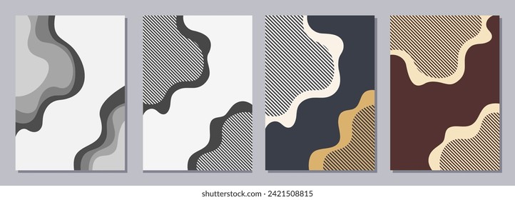 Set of flyers, posters, banners, placards, brochure design templates A6 size. Graphic design vector templates with smooth wavy shapes and stripes. Vector geometric color and monochrome backgrounds.