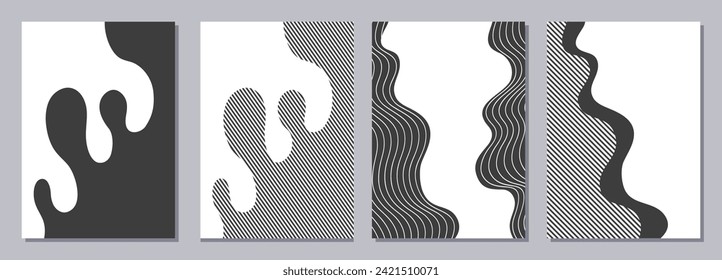 Conjunto de folletos, carteles, pancartas, plantillas de diseño de folletos de tamaño A6. Plantillas de diseño gráfico con formas onduladas, ondas y rayas lisas. Fondo vectorial geométrico en blanco y negro.