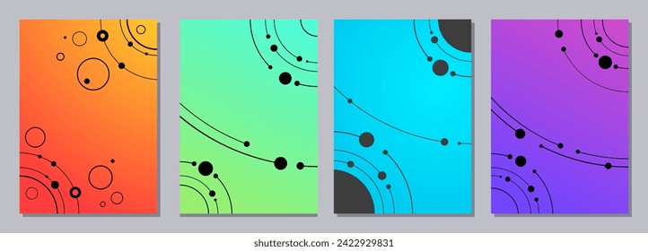 Set of flyers, posters, banners, placards, brochure design templates A6 size. Graphic design templates with black circles, lines in circle form, dots, vector elements on gradient color backgrounds.